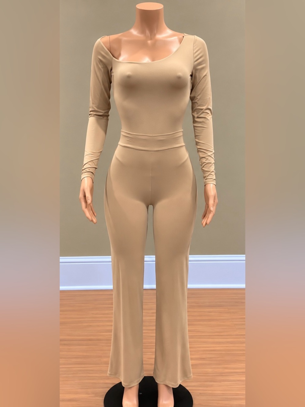 Touch Dolls Taupe Off Shoulder Bodysuit High Rise Flare Pants Set S NWT